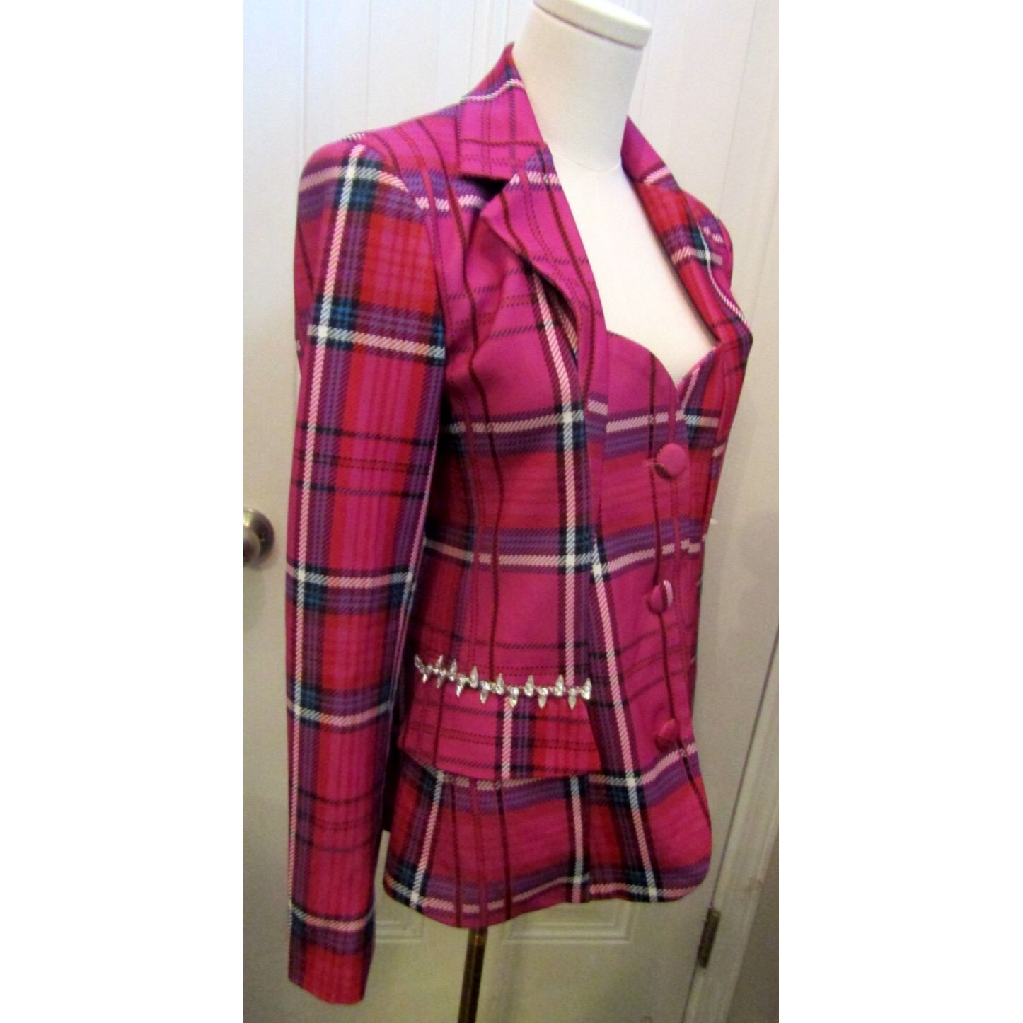 Luxedress Opal Blazer Pink Plaid Lined Rhinestones Pockets Retail $167 Size M — image 7 of 8